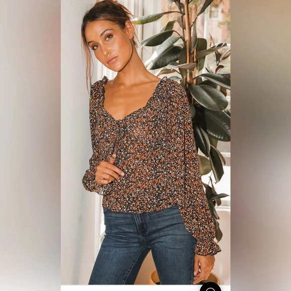 Lulus Autumn Blooms Peach Floral Print‎ Ruffled Long Sleeve Top - Picture 1 of 6